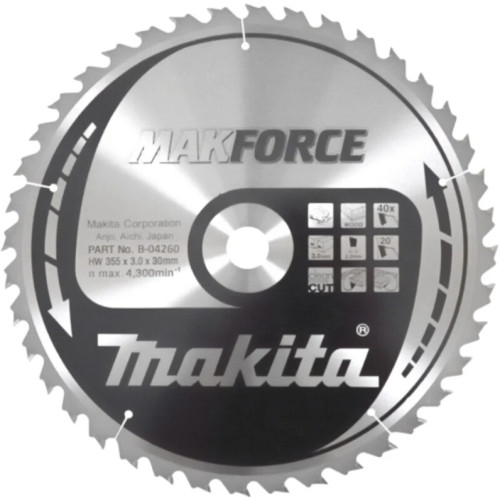 Диск пильный для дерева Makforce, 355x2.2x30 мм, 40T, 20G, ATB Makita B-04260