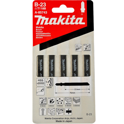 Пилка лобзиковая для металла HSS, 51 мм, 14TPI, В-23, 5 шт Makita A-85743