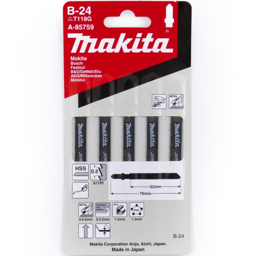 Лобзиковая пилка для нержавеющей стали, 52 мм, HSS, 32TPI, T118G, В24, 5 шт Makita A-85759