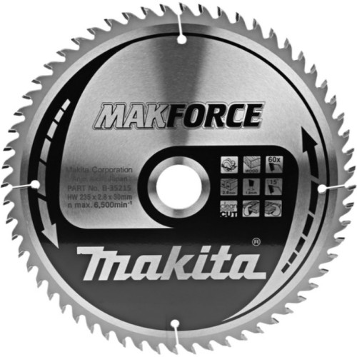 Диск пильный для дерева Makforce, HW, 235x2.8x30 мм, 60T, 15G, ATAF Makita B-35215
