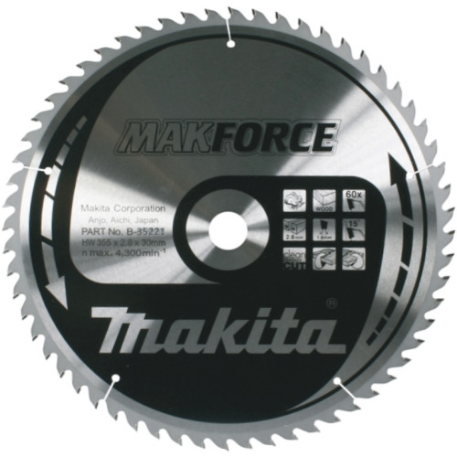 Диск пильный для дерева Makforce, HW, 355x2.8x30 мм, 60T, 15G, ATAF Makita B-35221