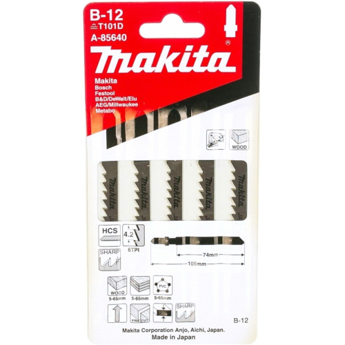 Лобзиковая пилка для дерева и фанеры, 74 мм, HCS, 6TPI, В-12, 5 шт Makita A-85640